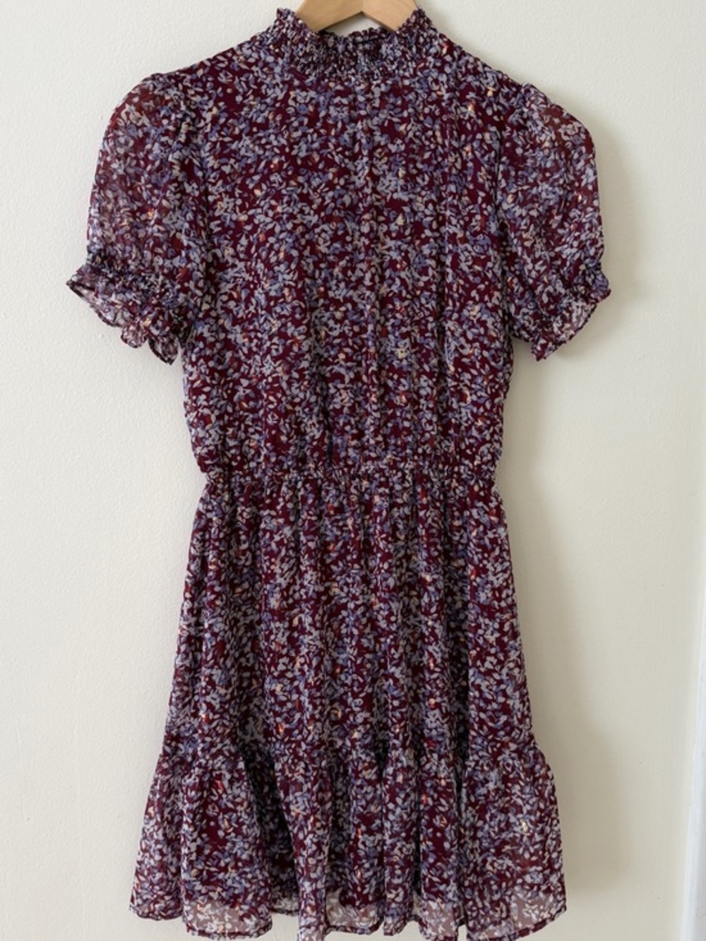 Smocked Neck Burgundy Floral Mini Dress